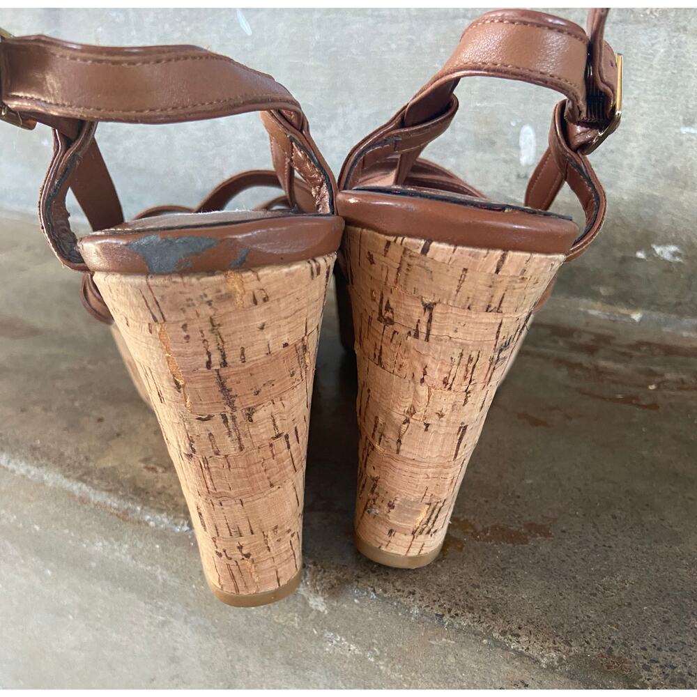 LAUREN Ralph Lauren brown slingback strappy cork wrapped platform wedge - Picture 7 of 8